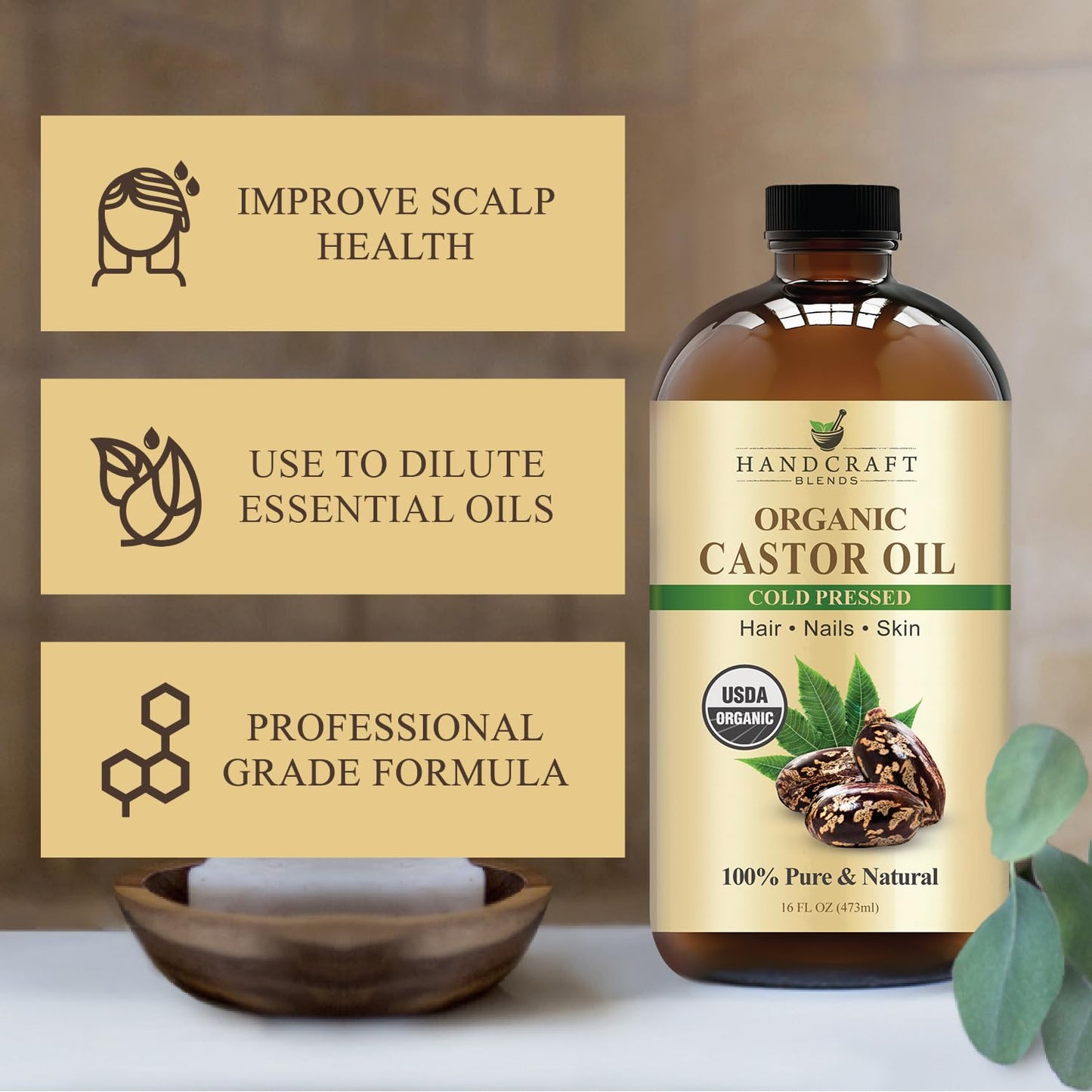 Premium Cold-Pressed Organic Castor Oil - 16 Fl Oz - 100% Pure and Natural Carrier Oil for Enhanced Hair Growth, Eyelash and Eyebrow Nourishment, and Skin Hydration