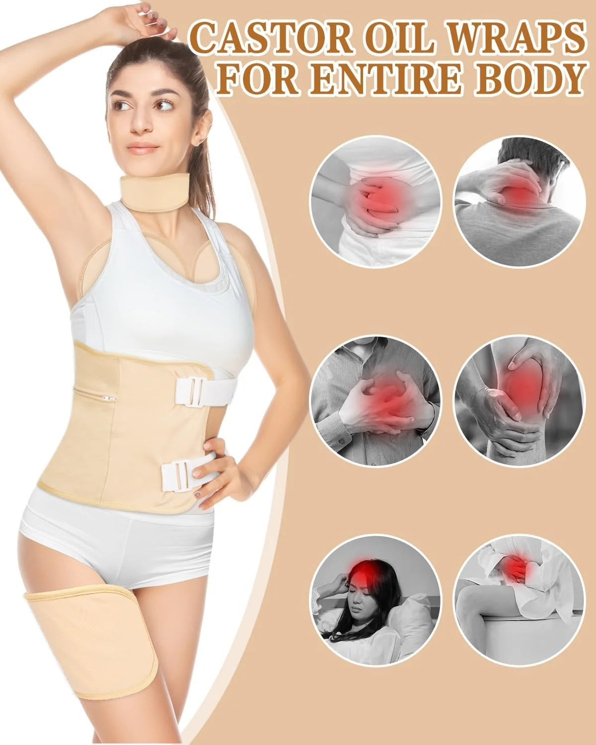 RACCOMB 5-Piece Castor Oil Pack Wrap Set for Comprehensive Body Relief - Ideal for Waist, Neck, and Knees