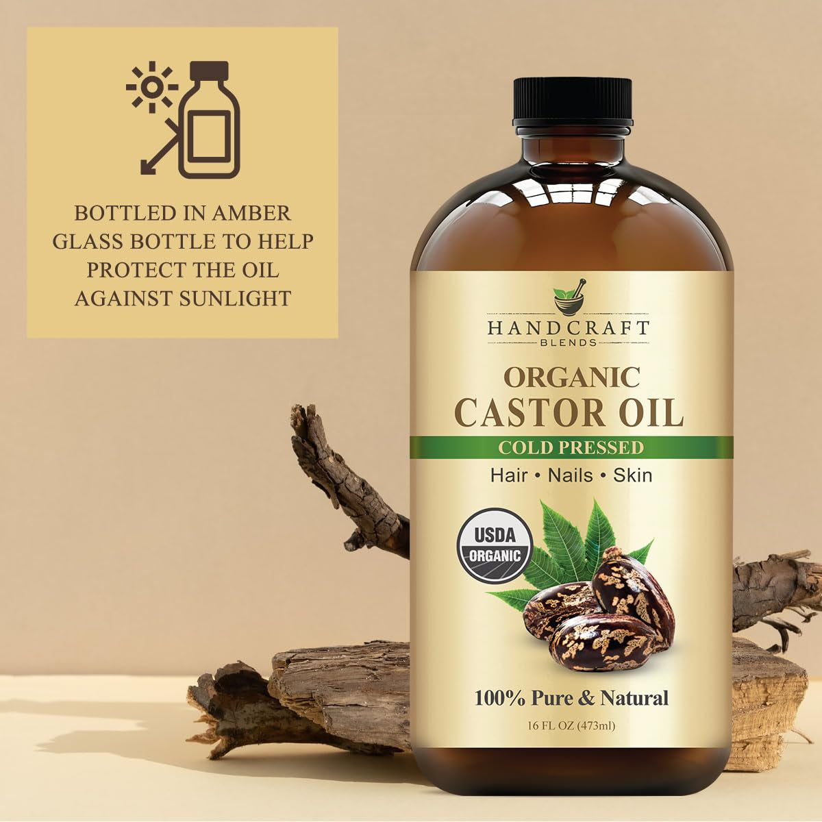 Premium Cold-Pressed Organic Castor Oil - 16 Fl Oz - 100% Pure and Natural Carrier Oil for Enhanced Hair Growth, Eyelash and Eyebrow Nourishment, and Skin Hydration
