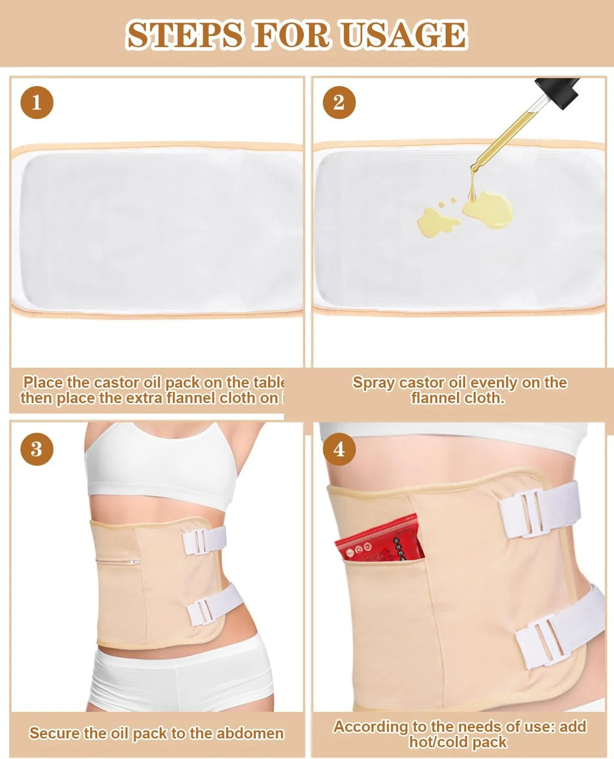 RACCOMB 5-Piece Castor Oil Pack Wrap Set for Comprehensive Body Relief - Ideal for Waist, Neck, and Knees