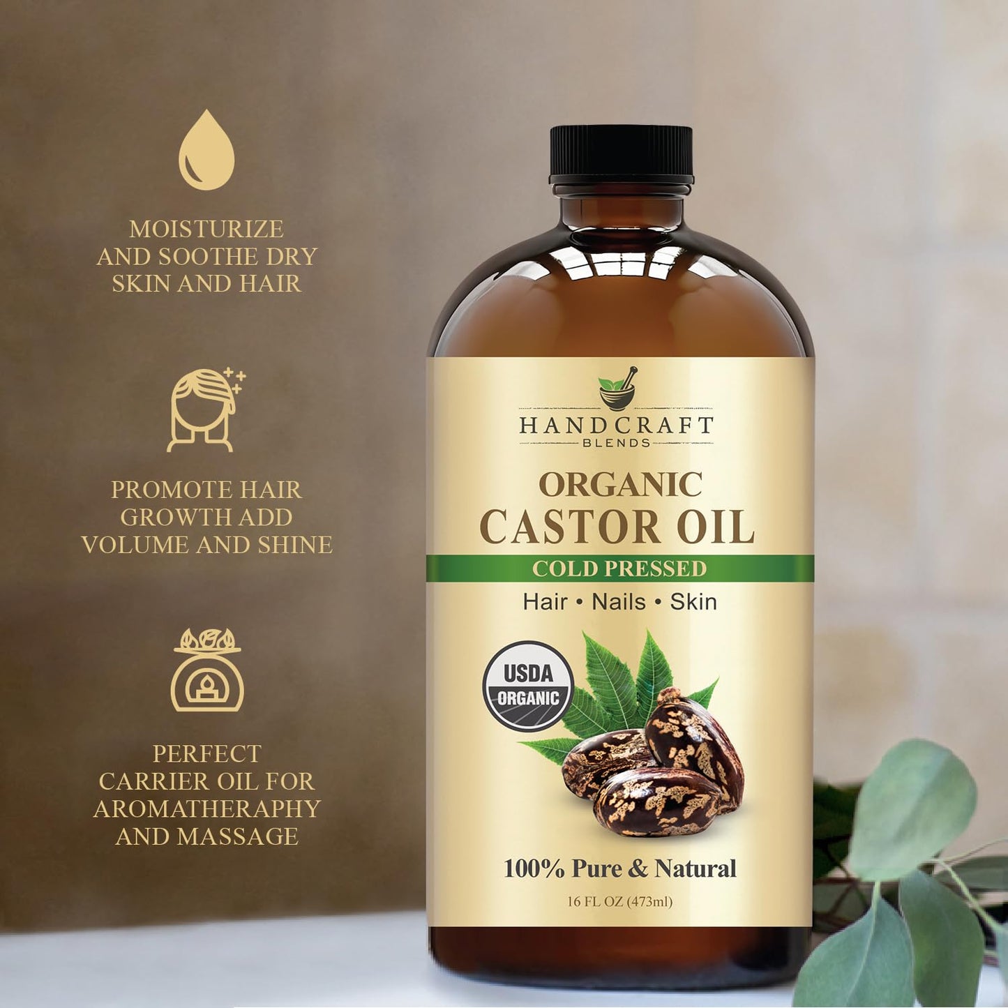 Premium Cold-Pressed Organic Castor Oil - 16 Fl Oz - 100% Pure and Natural Carrier Oil for Enhanced Hair Growth, Eyelash and Eyebrow Nourishment, and Skin Hydration