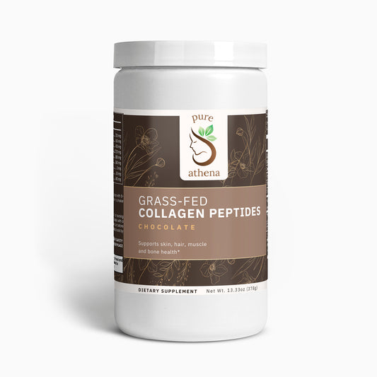 Pure Athena Grass-Fed Collagen Peptides Powder, chocolate-flavored, supporting healthy skin, muscles, and bones with a rich taste