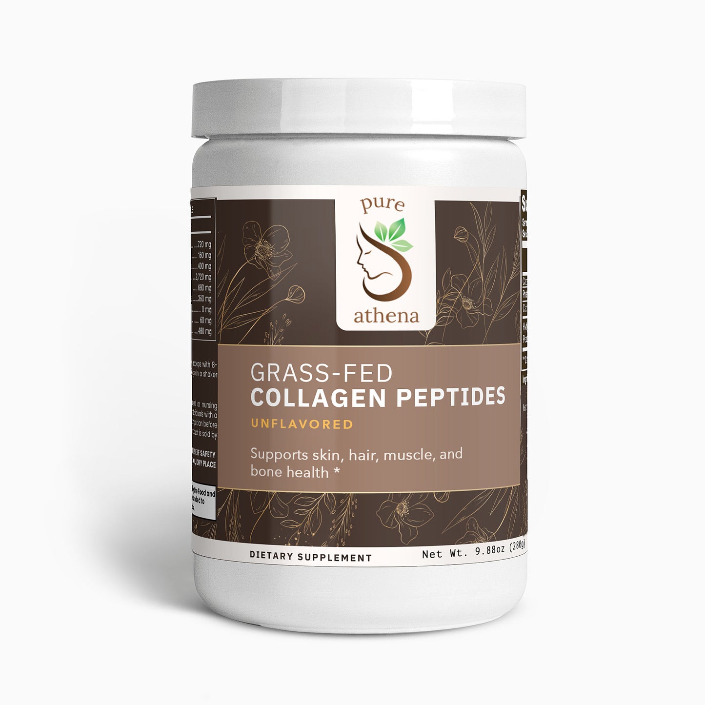 Pure Athena Grass-Fed Hydrolyzed Collagen Peptides, unflavored powder for healthy skin, muscles, and bones, easy to mix with any beverage