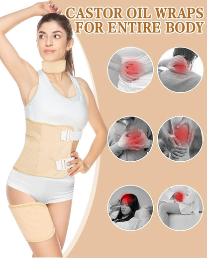 RACCOMB 5-Piece Castor Oil Pack Wrap Set for Comprehensive Body Relief - Ideal for Waist, Neck, and Knees